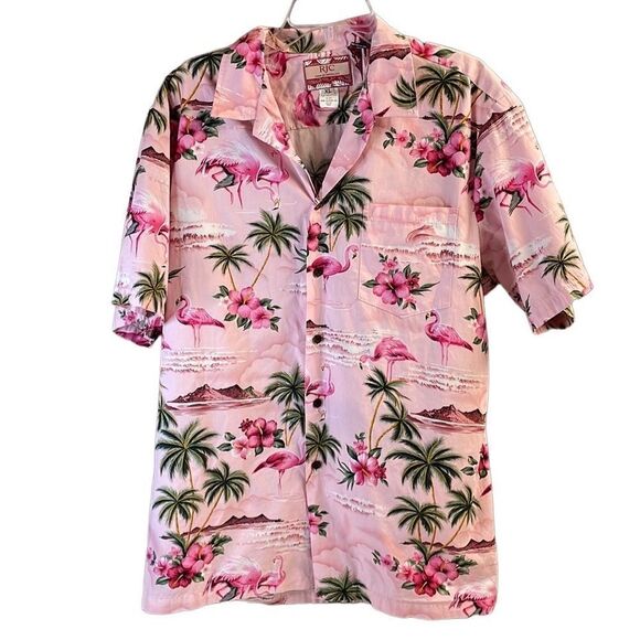 RJC Men’s Flamingo Hawaiian Tropical Pink Button Up Shirt Made In Hawaii Size XL - Picture 2 of 11